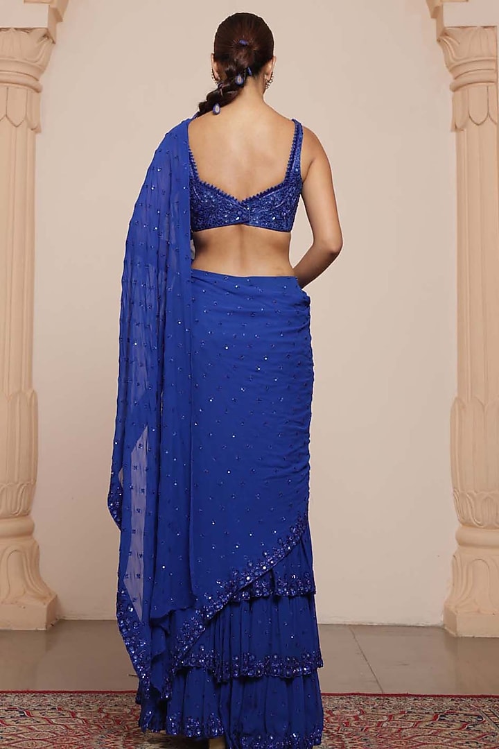 Electric Blue Georgette Tiered Ruffled Bridal Saree Set by Arpita Mehta at Pernia's Pop Up Shop