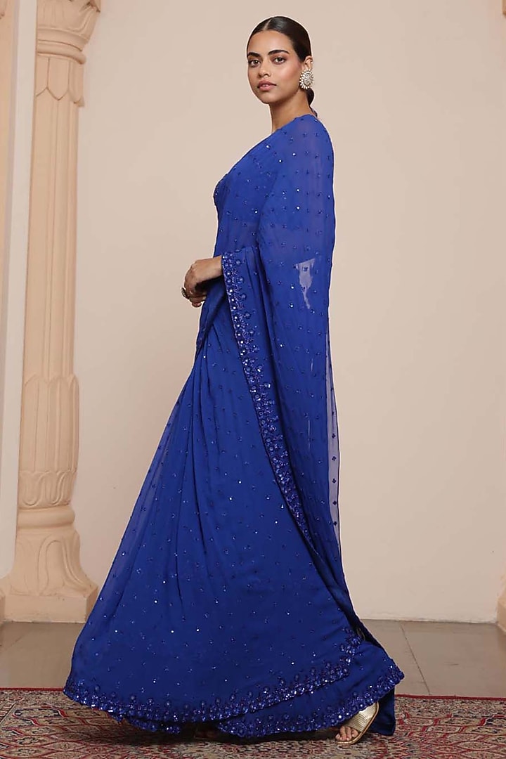 Electric Blue Georgette Tiered Ruffled Bridal Saree Set by Arpita Mehta at Pernia's Pop Up Shop