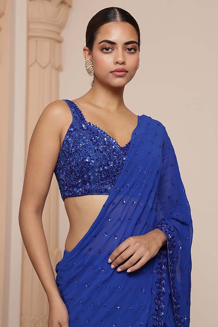 Electric Blue Georgette Tiered Ruffled Bridal Saree Set by Arpita Mehta at Pernia's Pop Up Shop