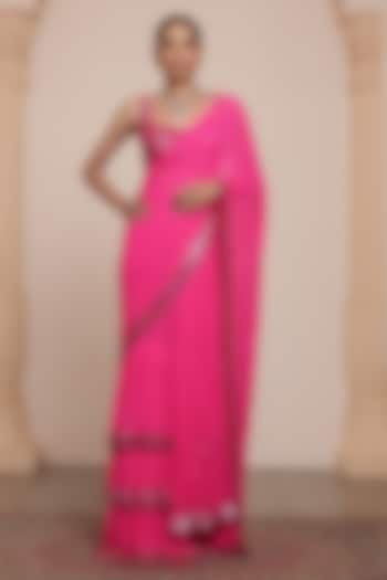 Hot Pink Georgette Tiered Ruffled Bridal Saree Set by Arpita Mehta at Pernia's Pop Up Shop