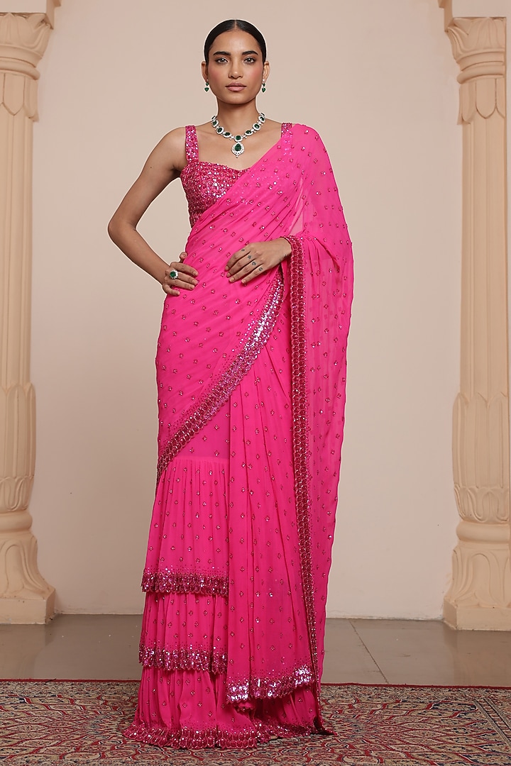 Hot Pink Georgette Tiered Ruffled Bridal Saree Set by Arpita Mehta at Pernia's Pop Up Shop