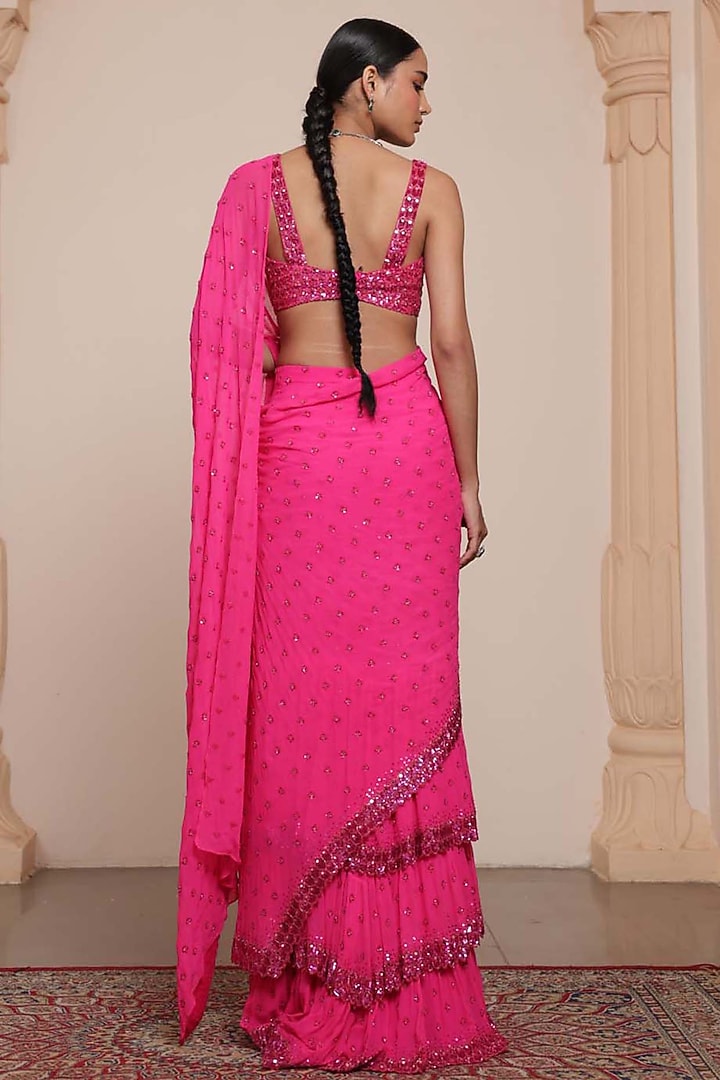 Hot Pink Georgette Tiered Ruffled Bridal Saree Set by Arpita Mehta at Pernia's Pop Up Shop