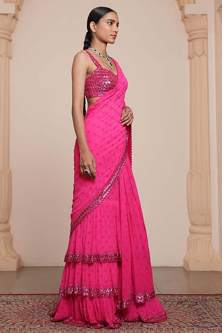 Hot Pink Georgette Tiered Ruffled Bridal Saree Set by Arpita Mehta at Pernia's Pop Up Shop