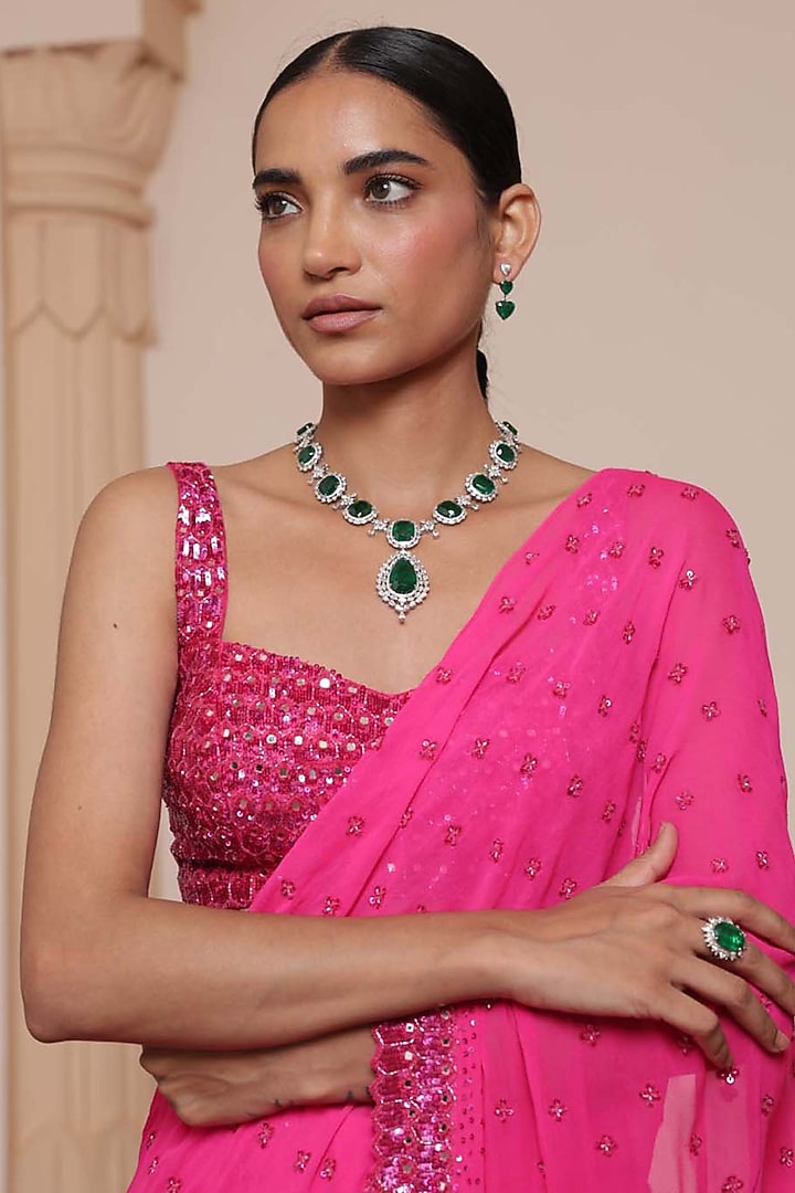 Hot Pink Georgette Tiered Ruffled Bridal Saree Set by Arpita Mehta at Pernia's Pop Up Shop