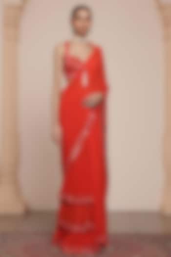 Sindoori Red Georgette Tiered Ruffled Bridal Saree Set by Arpita Mehta at Pernia's Pop Up Shop