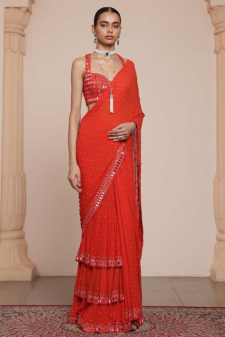 Sindoori Red Georgette Tiered Ruffled Bridal Saree Set by Arpita Mehta at Pernia's Pop Up Shop