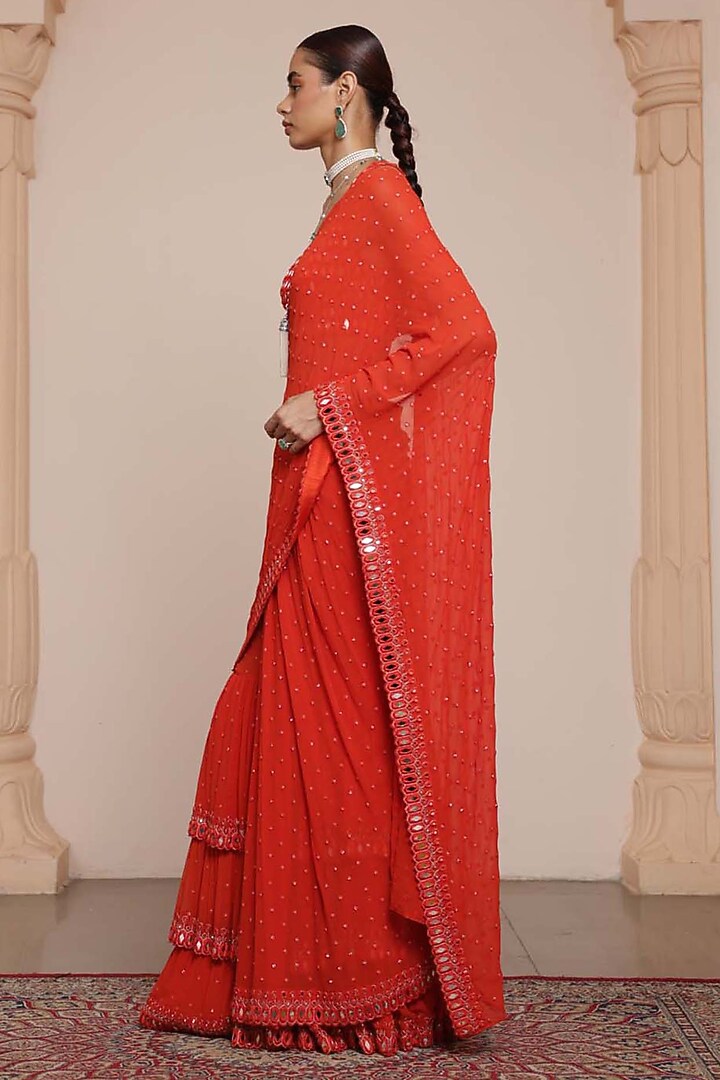 Sindoori Red Georgette Tiered Ruffled Bridal Saree Set by Arpita Mehta at Pernia's Pop Up Shop