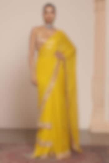Yellow Georgette Tiered Ruffled Bridal Saree Set by Arpita Mehta at Pernia's Pop Up Shop