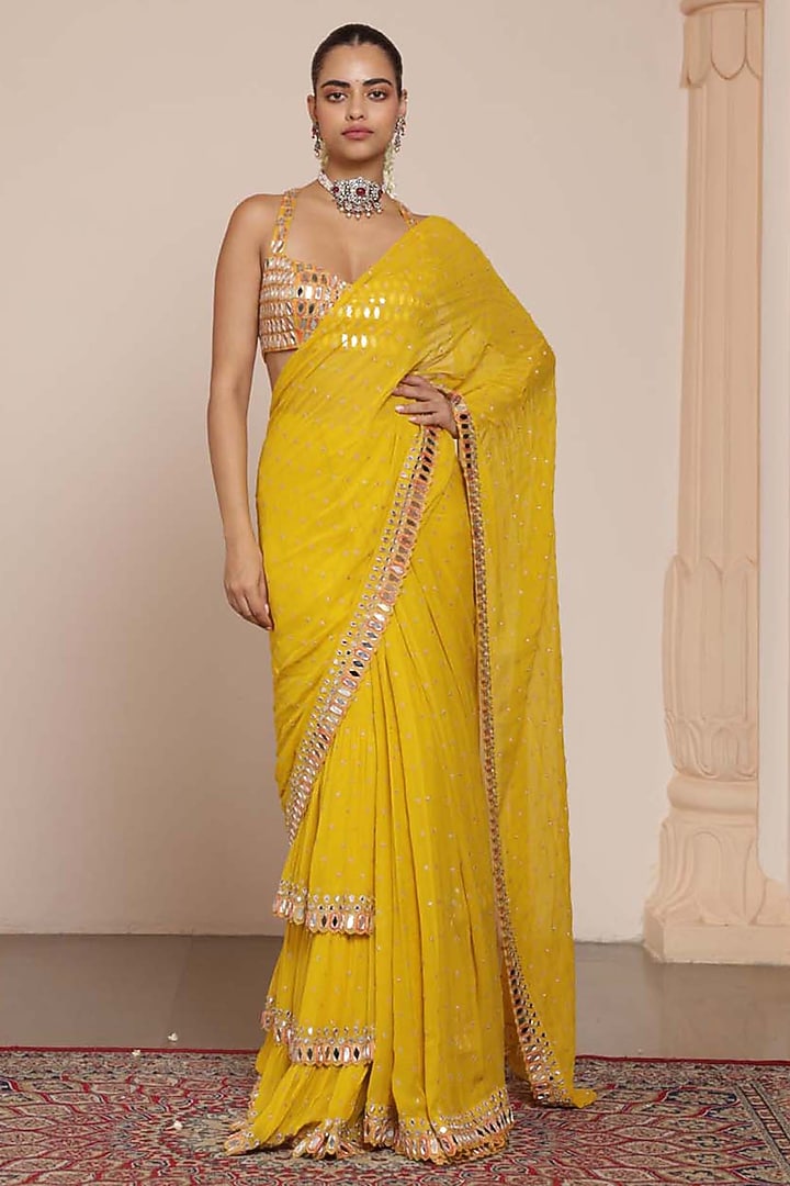 Yellow Georgette Tiered Ruffled Bridal Saree Set by Arpita Mehta at Pernia's Pop Up Shop