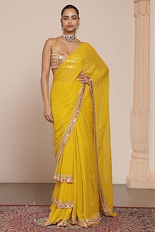 Yellow Georgette Tiered Ruffled Saree Set by Arpita Mehta