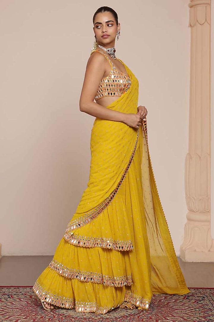 Yellow Georgette Tiered Ruffled Bridal Saree Set by Arpita Mehta at Pernia's Pop Up Shop