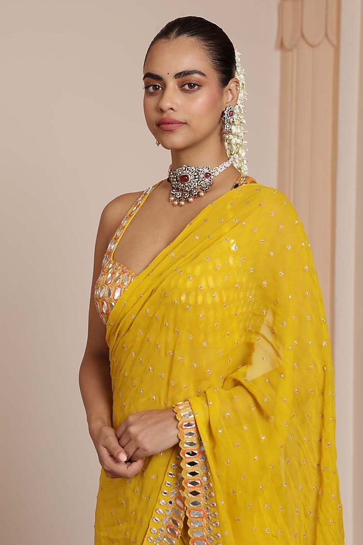 Yellow Georgette Tiered Ruffled Bridal Saree Set by Arpita Mehta at Pernia's Pop Up Shop