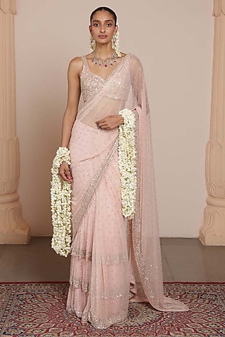 Dusty Pink Net Sequins Embroidered Saree Set by Arpita Mehta