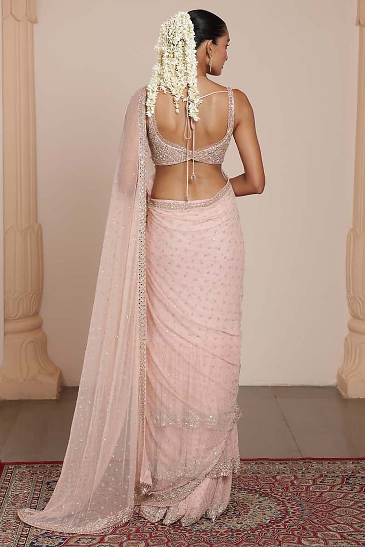 Dusty Pink Net Sequins Embroidered Bridal Saree Set by Arpita Mehta at Pernia's Pop Up Shop