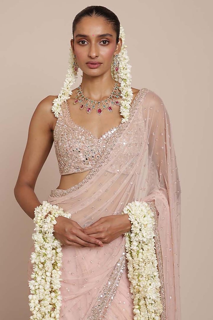 Dusty Pink Net Sequins Embroidered Bridal Saree Set by Arpita Mehta at Pernia's Pop Up Shop