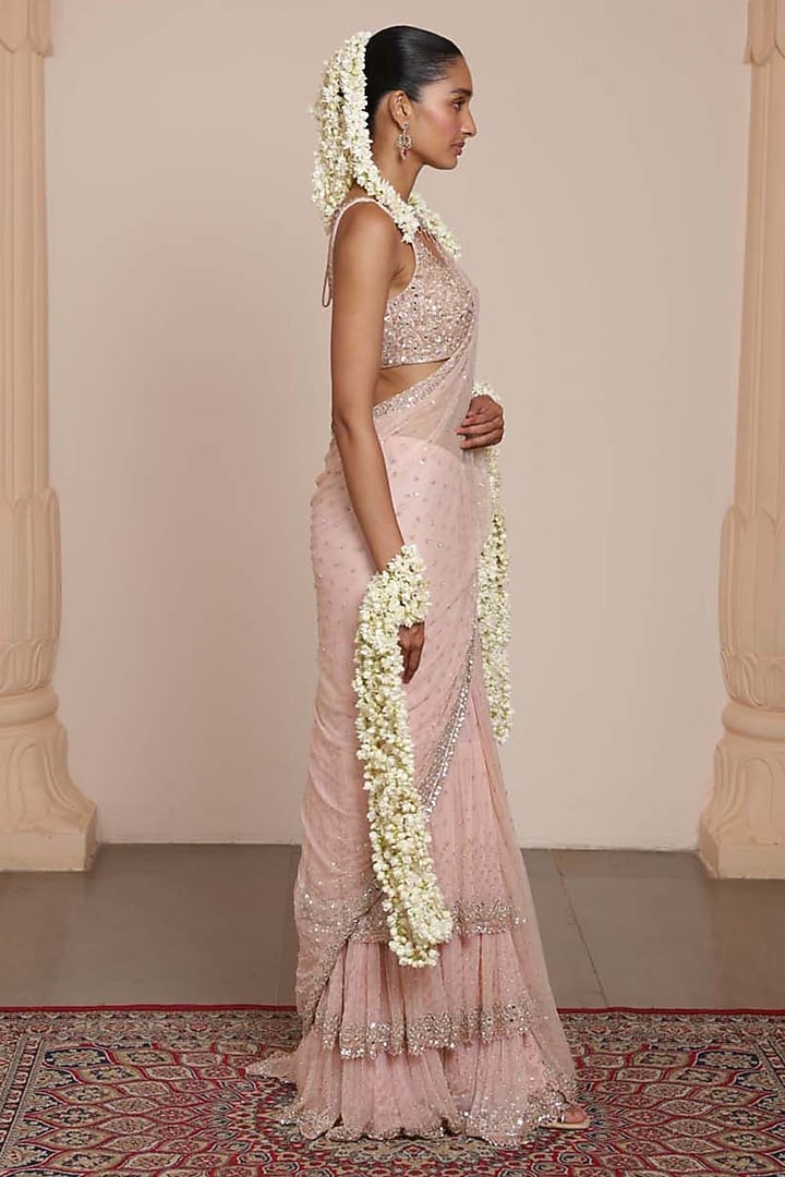 Dusty Pink Net Sequins Embroidered Bridal Saree Set by Arpita Mehta at Pernia's Pop Up Shop