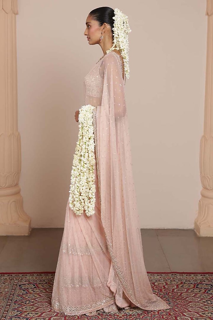 Dusty Pink Net Sequins Embroidered Bridal Saree Set by Arpita Mehta at Pernia's Pop Up Shop
