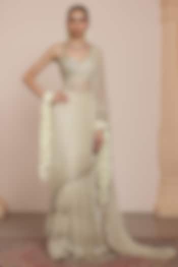 Mother Of Pearl-Colored Net Sequins Embroidered Bridal Saree Set by Arpita Mehta at Pernia's Pop Up Shop