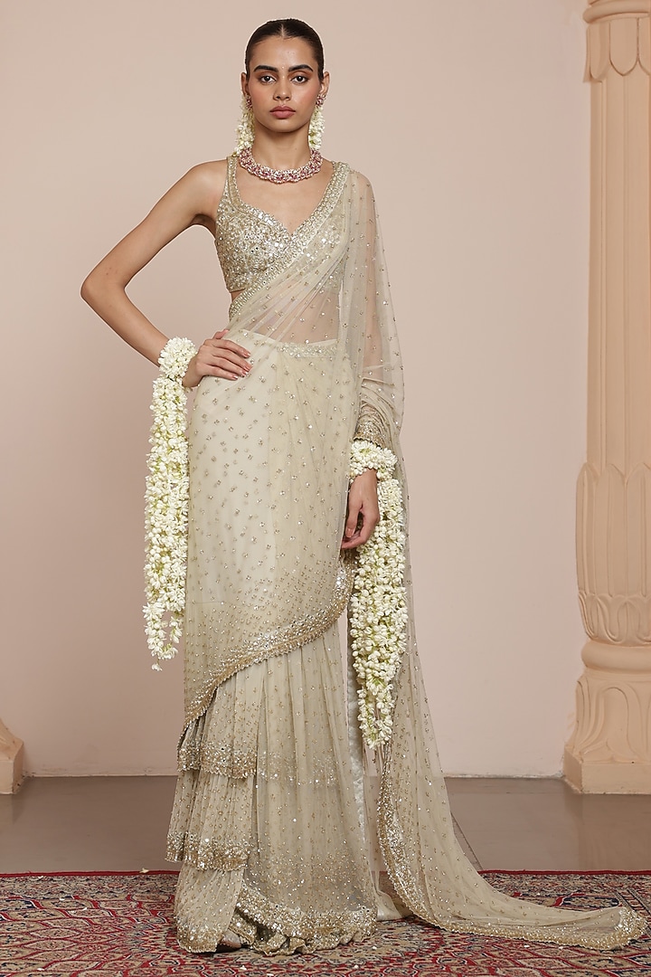 Mother Of Pearl-Colored Net Sequins Embroidered Bridal Saree Set by Arpita Mehta at Pernia's Pop Up Shop