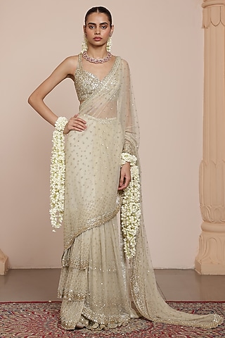 Mother Of Pearl-Colored Net Sequins Embroidered Saree Set by Arpita Mehta