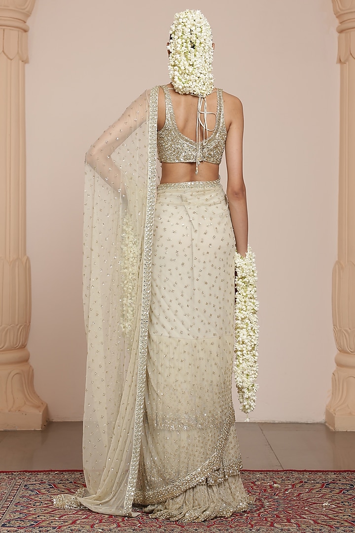 Mother Of Pearl-Colored Net Sequins Embroidered Bridal Saree Set by Arpita Mehta at Pernia's Pop Up Shop