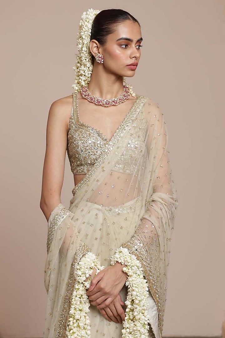 Mother Of Pearl-Colored Net Sequins Embroidered Bridal Saree Set by Arpita Mehta at Pernia's Pop Up Shop