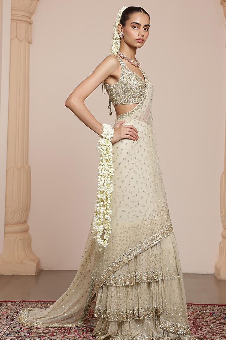 Mother Of Pearl-Colored Net Sequins Embroidered Bridal Saree Set by Arpita Mehta at Pernia's Pop Up Shop