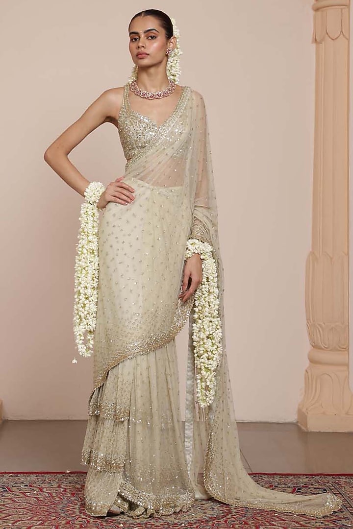 Mother Of Pearl-Colored Net Sequins Embroidered Bridal Saree Set by Arpita Mehta at Pernia's Pop Up Shop