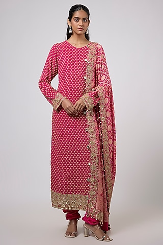 Red Georgette Hand Embroidered Kurta Set by Arpita Mehta