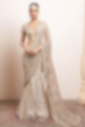 Rose Gold Tissue Mirror & Cutdana Embroidered Draped Bridal Saree Set by Arpita Mehta at Pernia's Pop Up Shop