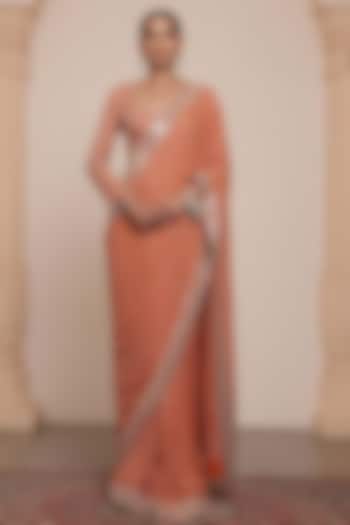 Toasted Orange & Rose Gold Georgette Bridal Saree Set by Arpita Mehta at Pernia's Pop Up Shop
