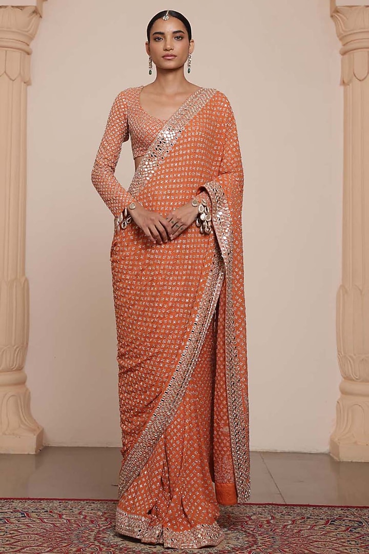 Toasted Orange & Rose Gold Georgette Bridal Saree Set by Arpita Mehta at Pernia's Pop Up Shop
