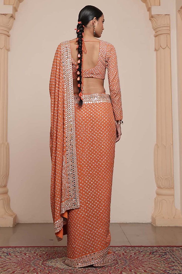 Toasted Orange & Rose Gold Georgette Bridal Saree Set by Arpita Mehta at Pernia's Pop Up Shop