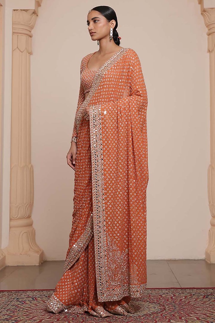 Toasted Orange & Rose Gold Georgette Bridal Saree Set by Arpita Mehta at Pernia's Pop Up Shop