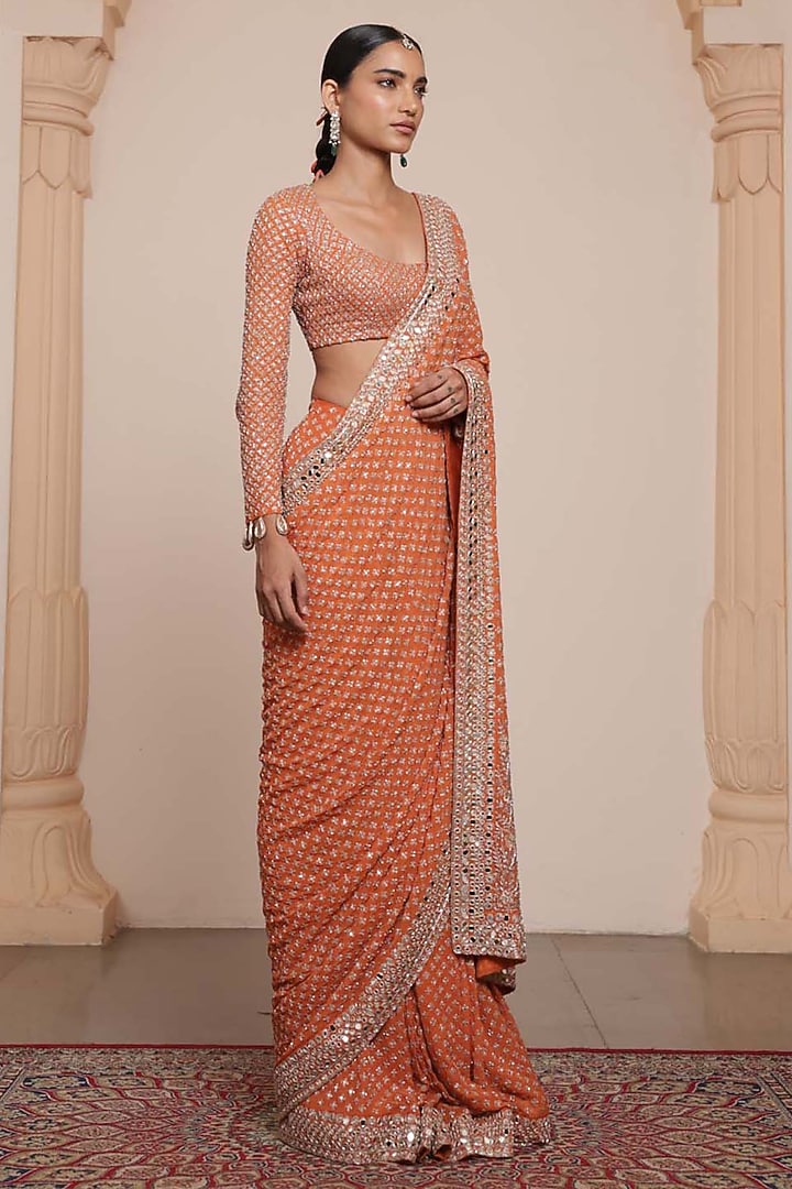 Toasted Orange & Rose Gold Georgette Bridal Saree Set by Arpita Mehta at Pernia's Pop Up Shop