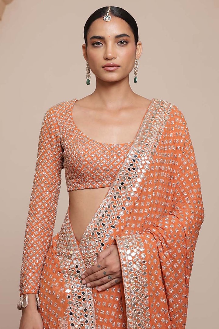 Toasted Orange & Rose Gold Georgette Bridal Saree Set by Arpita Mehta at Pernia's Pop Up Shop