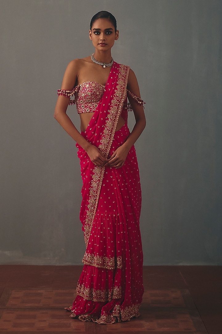Rani Pink Georgette Hand Embroidered Pre-Draped Bridal Bridal Saree Set by Arpita Mehta at Pernia's Pop Up Shop
