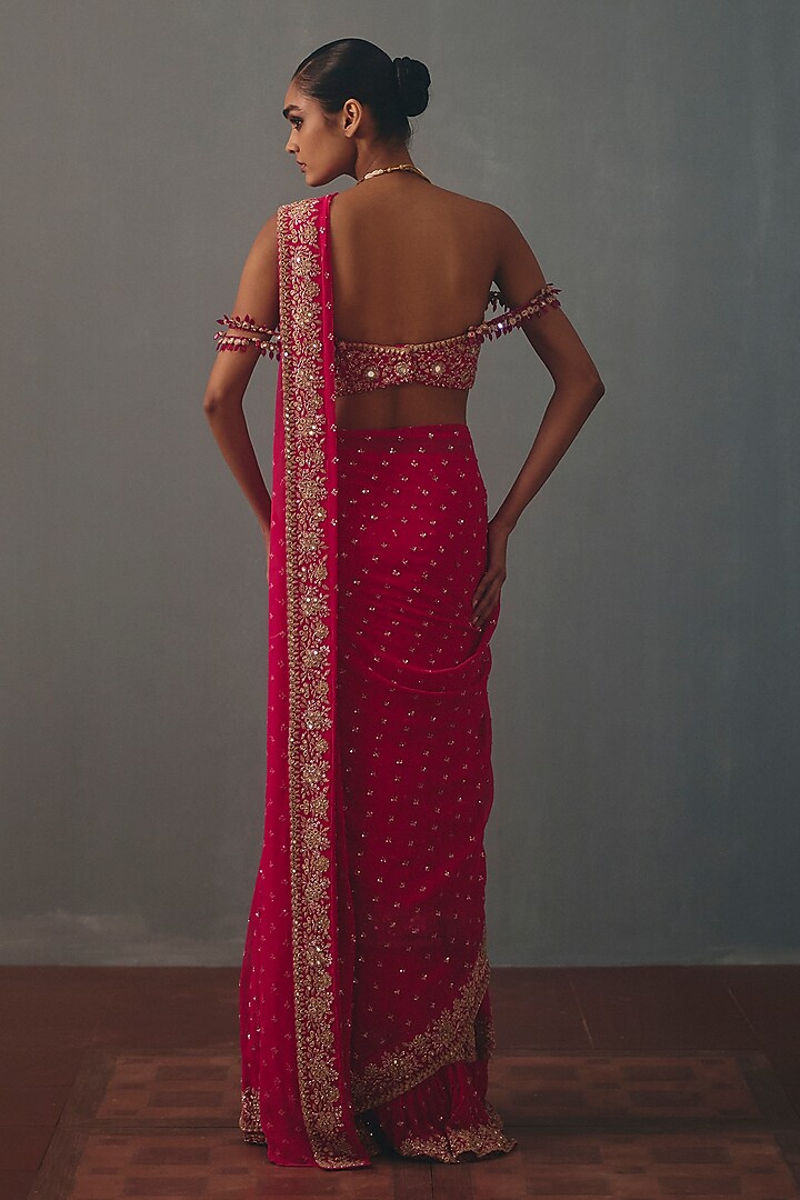 Rani Pink Georgette Hand Embroidered Pre-Draped Bridal Bridal Saree Set by Arpita Mehta at Pernia's Pop Up Shop