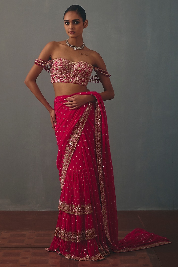 Rani Pink Georgette Hand Embroidered Pre-Draped Bridal Bridal Saree Set by Arpita Mehta at Pernia's Pop Up Shop