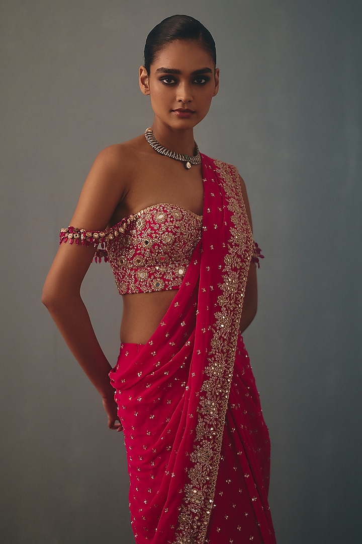 Rani Pink Georgette Hand Embroidered Pre-Draped Bridal Bridal Saree Set by Arpita Mehta at Pernia's Pop Up Shop