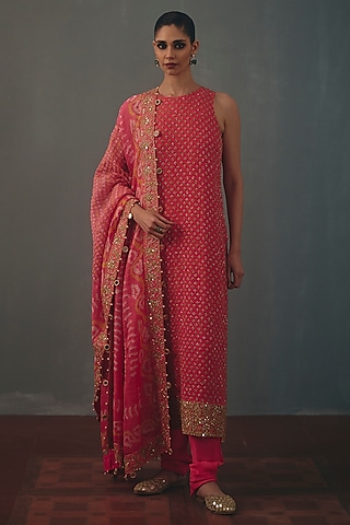 Coral Georgette Hand Embroidered Kurta Set by Arpita Mehta