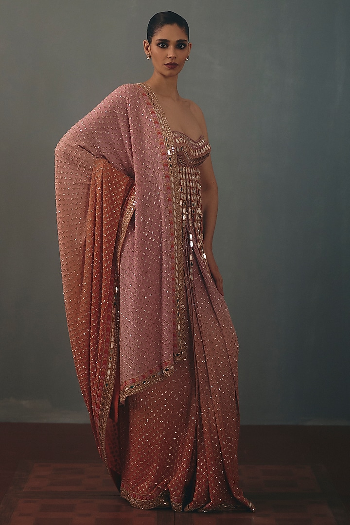 Orchid & Peach Georgette Hand Embroidered Bridal Bridal Saree Set by Arpita Mehta at Pernia's Pop Up Shop