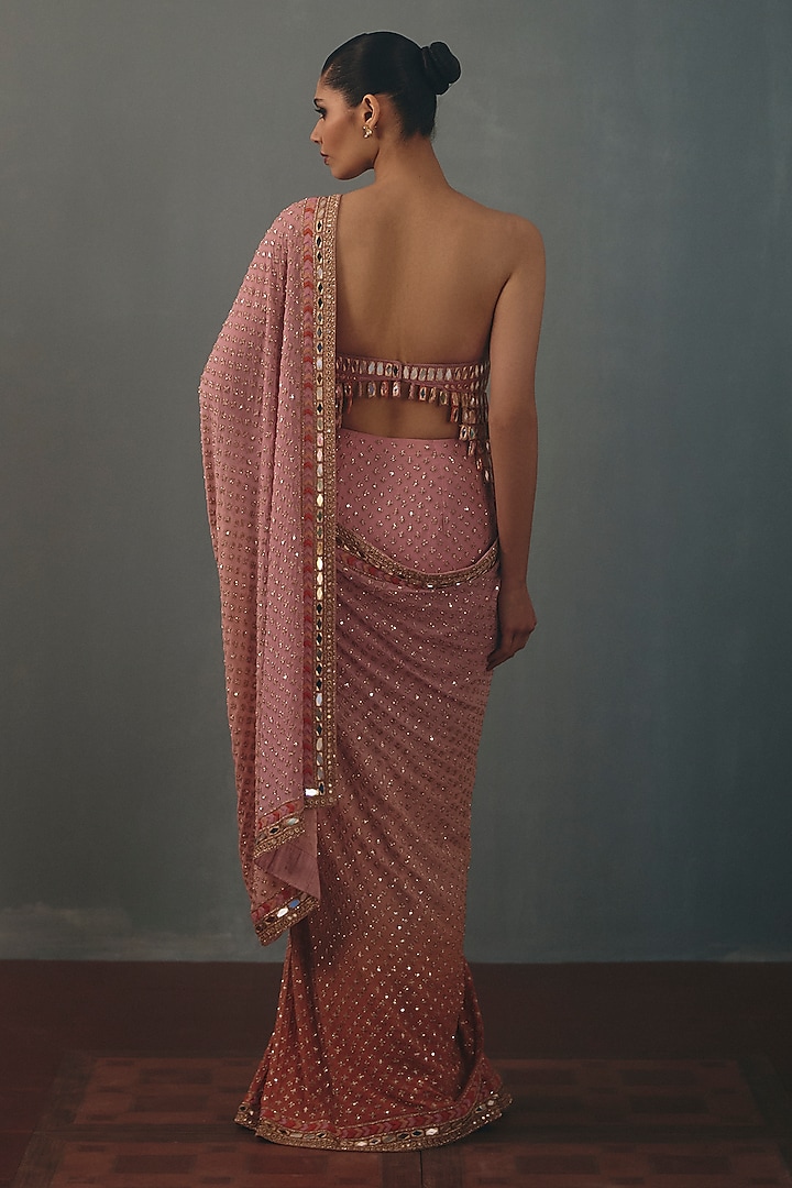 Orchid & Peach Georgette Hand Embroidered Bridal Bridal Saree Set by Arpita Mehta at Pernia's Pop Up Shop