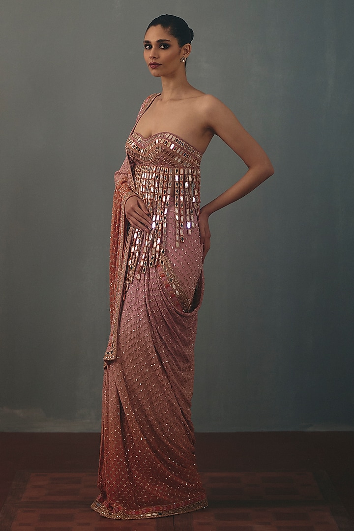 Orchid & Peach Georgette Hand Embroidered Bridal Bridal Saree Set by Arpita Mehta at Pernia's Pop Up Shop