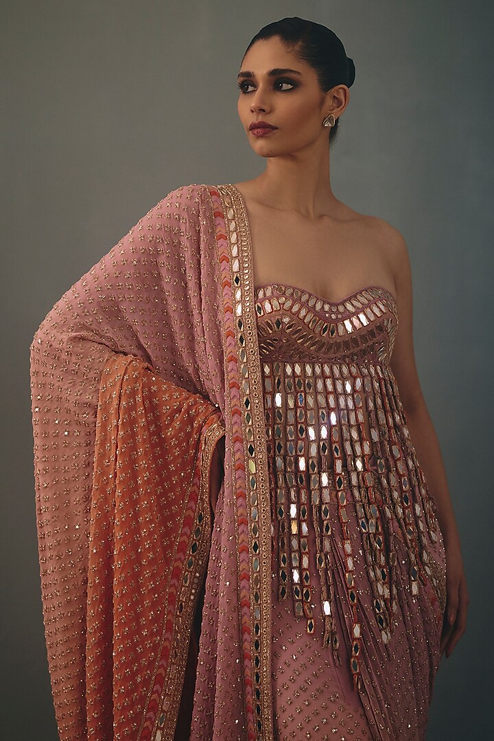 Orchid & Peach Georgette Hand Embroidered Bridal Bridal Saree Set by Arpita Mehta at Pernia's Pop Up Shop
