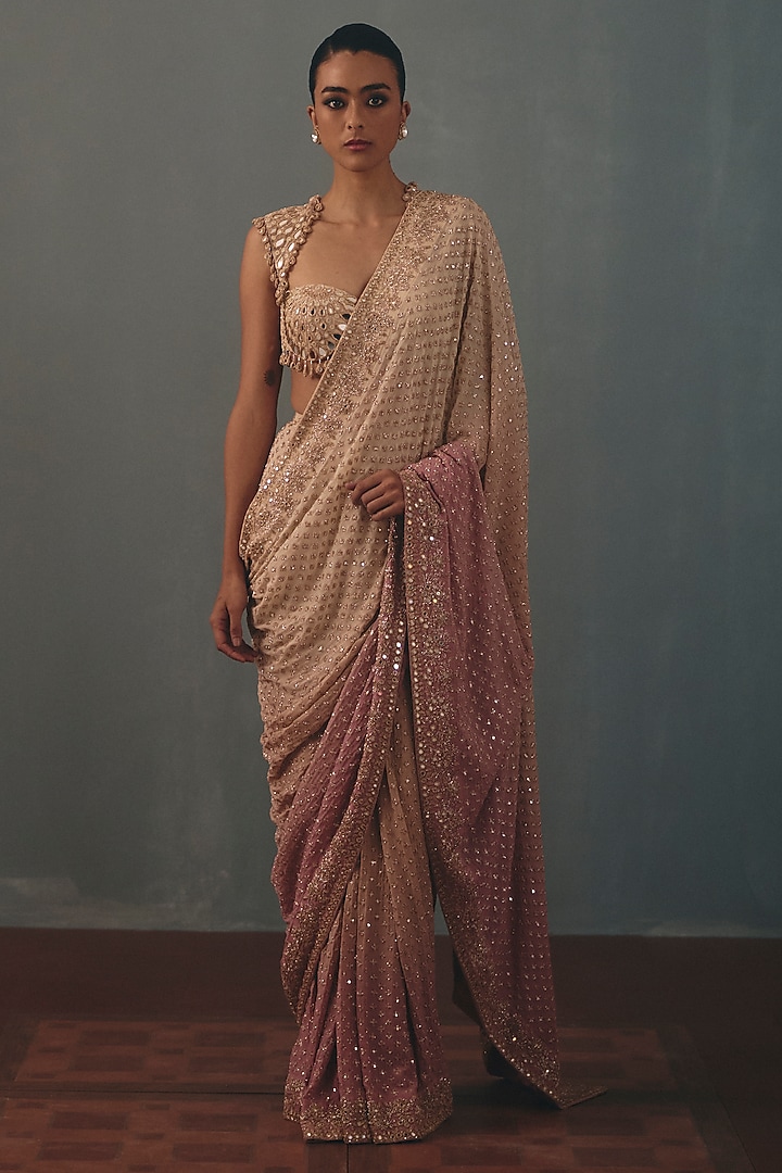 Dusty Pink Georgette Hand Embroidered Bridal Bridal Saree Set by Arpita Mehta at Pernia's Pop Up Shop