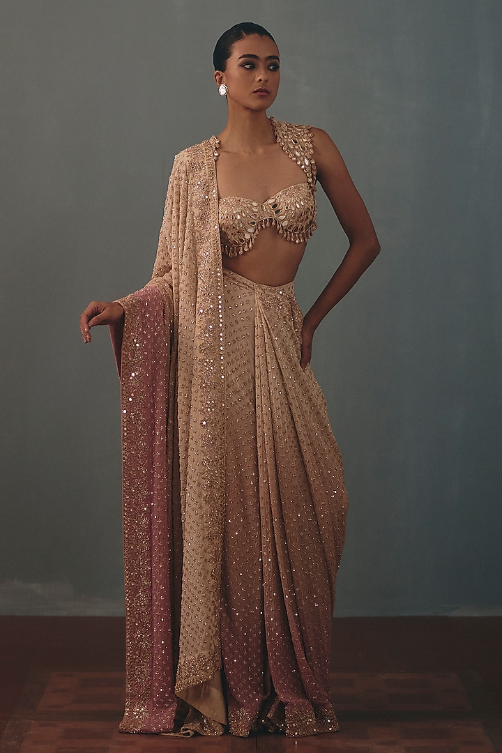Dusty Pink Georgette Hand Embroidered Bridal Bridal Saree Set by Arpita Mehta at Pernia's Pop Up Shop