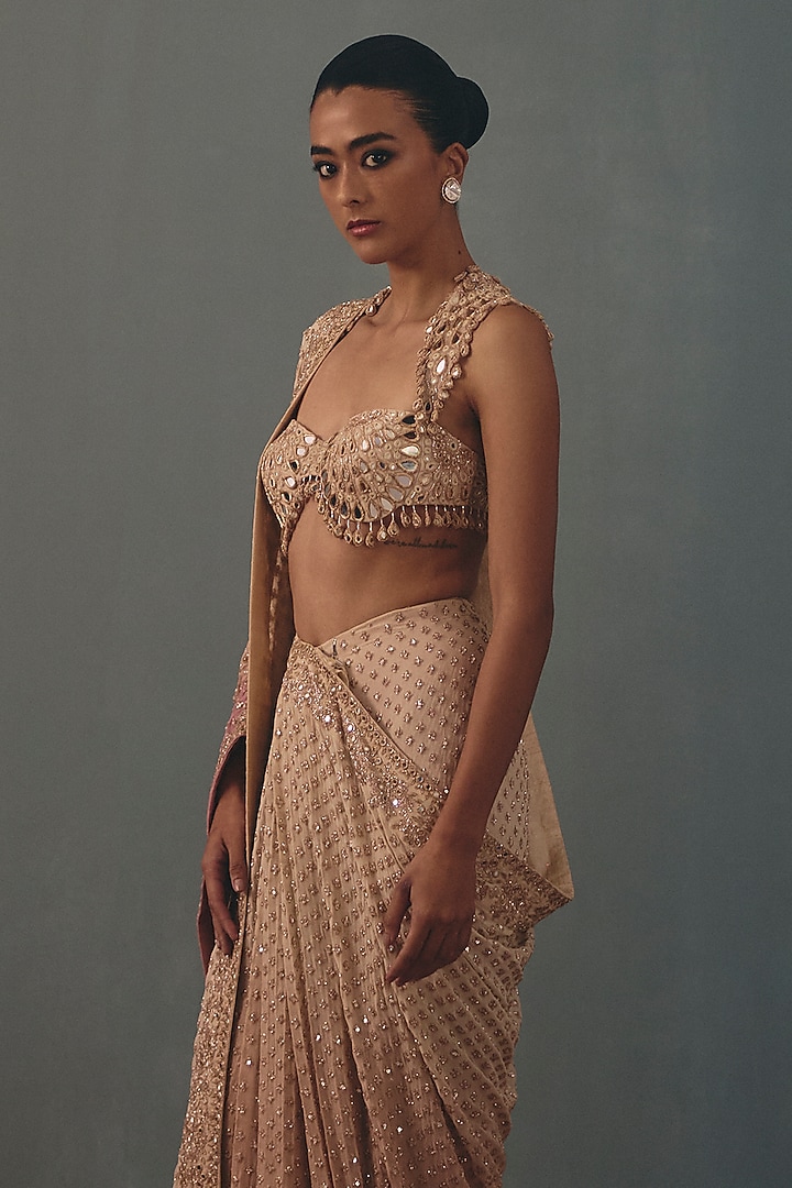 Dusty Pink Georgette Hand Embroidered Bridal Bridal Saree Set by Arpita Mehta at Pernia's Pop Up Shop