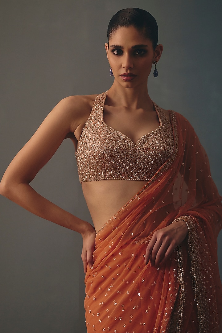 Peach Net Mirror Hand Embroidered Ruffled Bridal Bridal Saree Set by Arpita Mehta at Pernia's Pop Up Shop