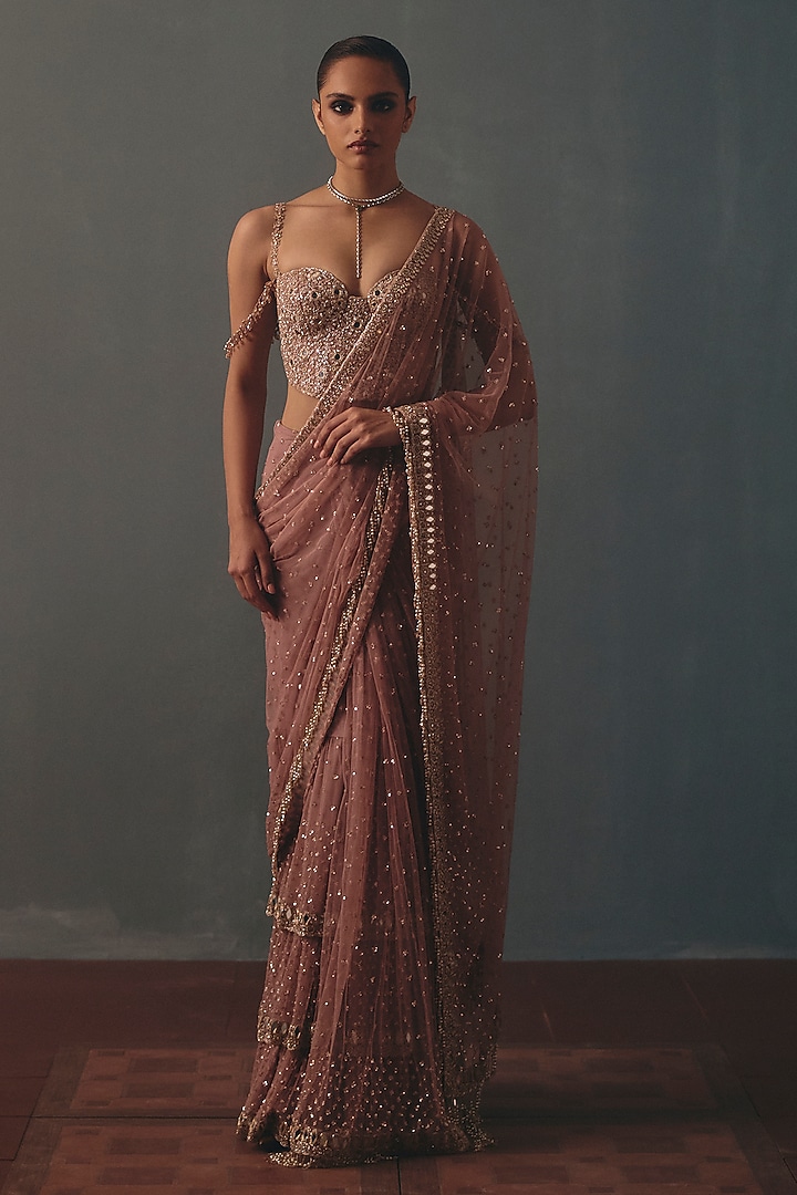 Mauve Ne Mirror Hand Embroidered Ruffled Bridal Bridal Saree Set by Arpita Mehta at Pernia's Pop Up Shop